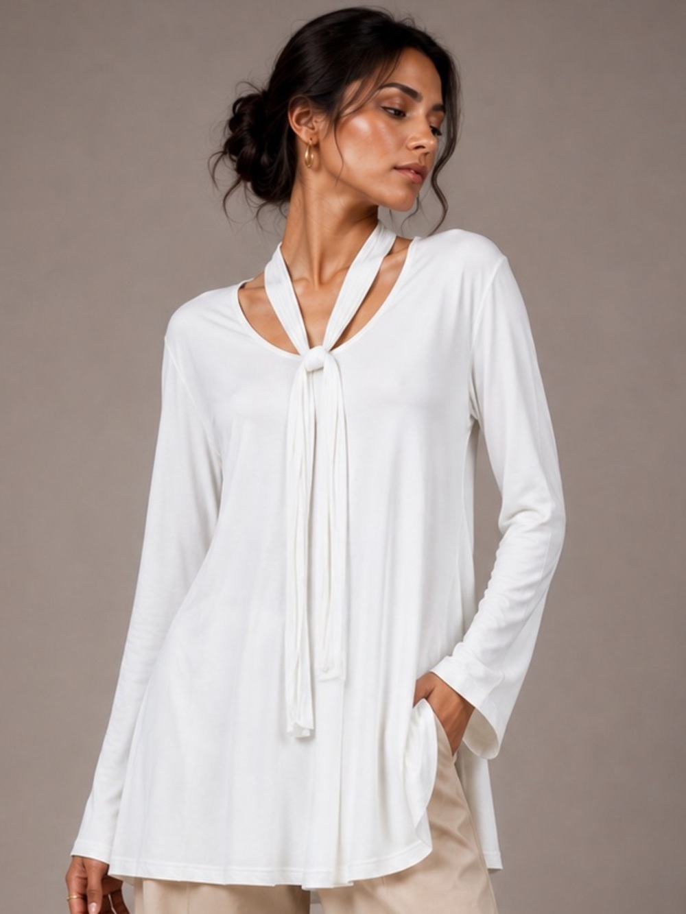 LA Made White Modal Tie Neck Long Sleeve Tunic Top L Made in USA